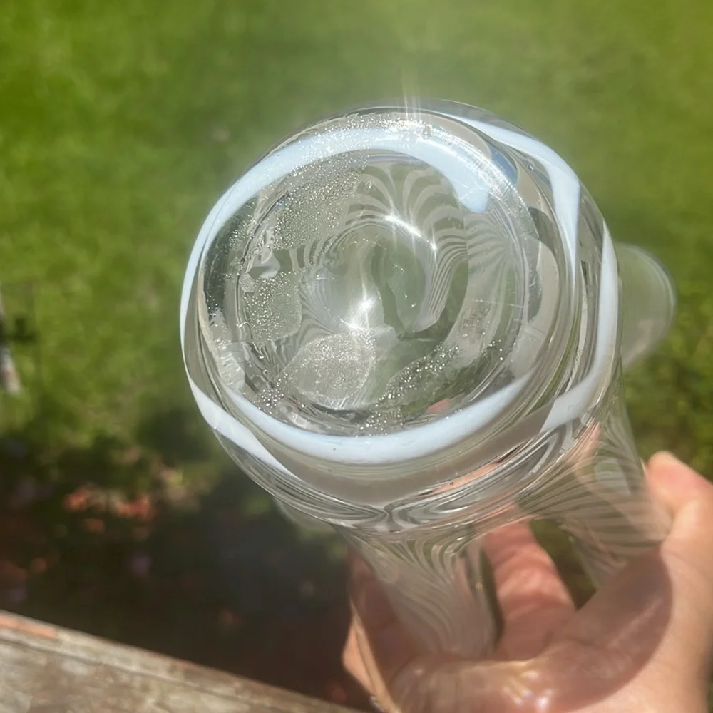 GLASS VASE HANDKERCHIEF SCALLOPED WHITE STRIPES 9” tall